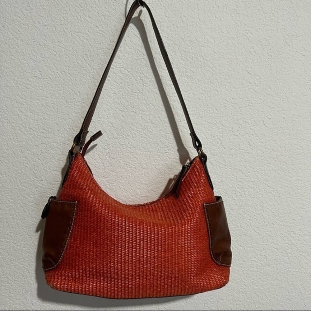 Fossil Orange Woven Wicker & Brown Leather Shoulder Bag Purse Handbag